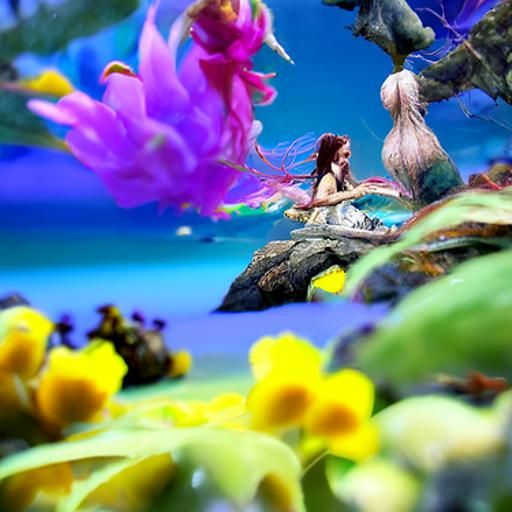 Colorful flowers bloom on the ocean while a mermaid looks up