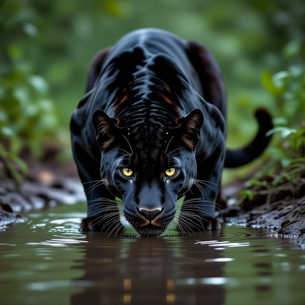 Ultra-photorealistic wildlife photograph of a black panther (melanistic leopard, Panthera pardus) drinking from a shallow, dwindling rainfor...