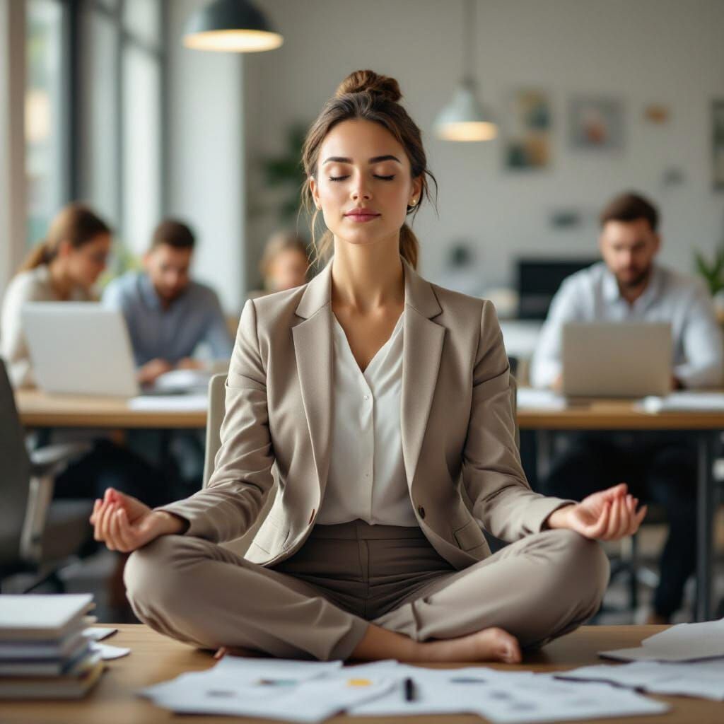 A realistic office scene with soft, natural lighting and a neutral/nude color palette (beige, taupe, soft gray, cream). A professional perso...