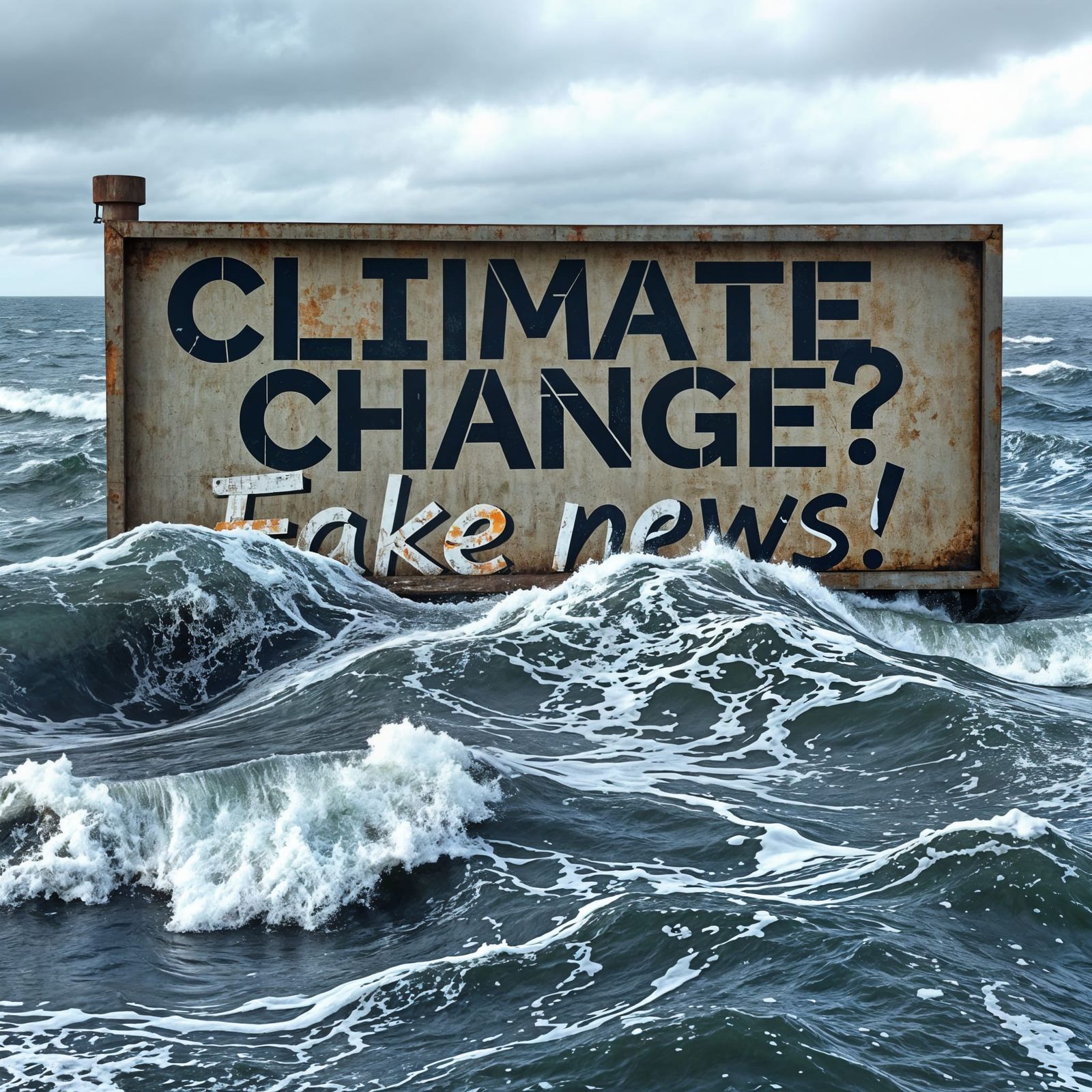 Rusting, paint peeling, Old billboard half-submerged in the ocean, “CLIMATE CHANGE? Fake news!”  by @FlibbertyGibbitt
