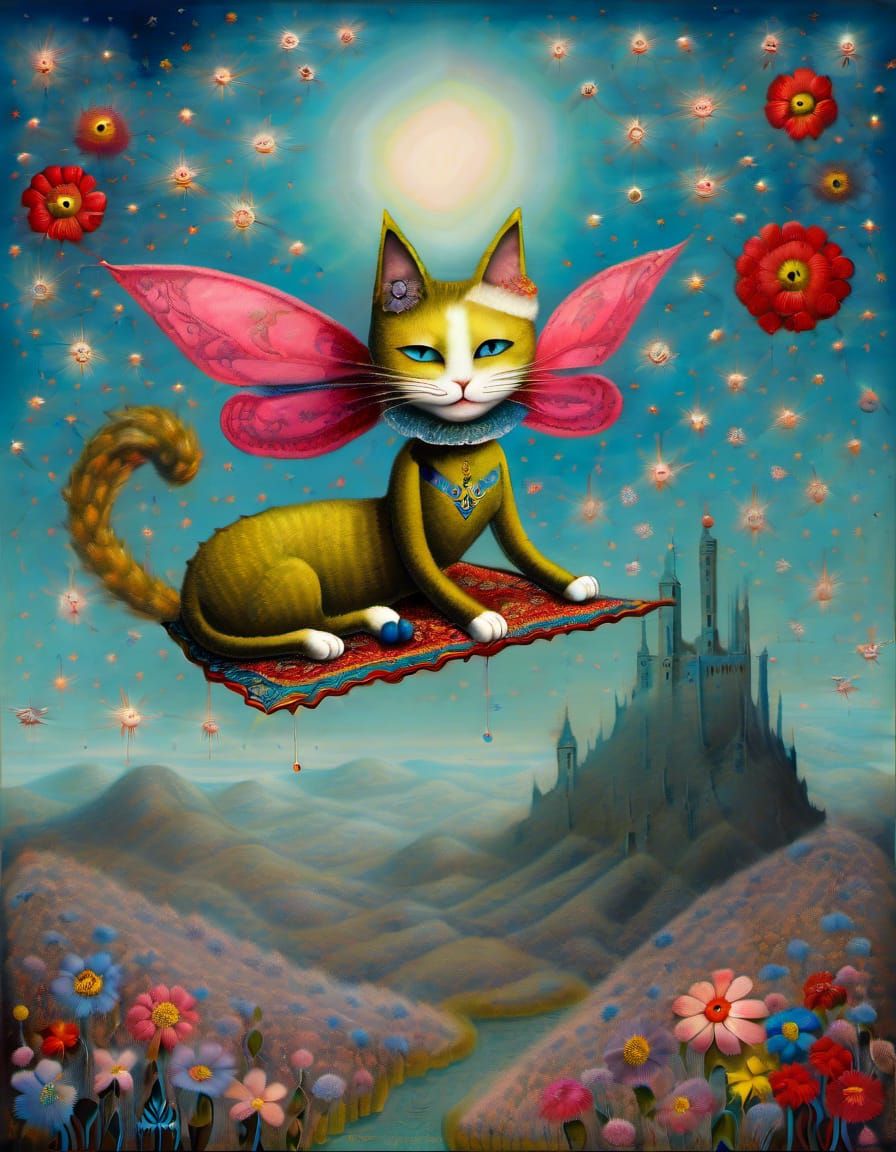 Cat fairy riding a flying carpet - AI Generated Artwork - NightCafe Creator