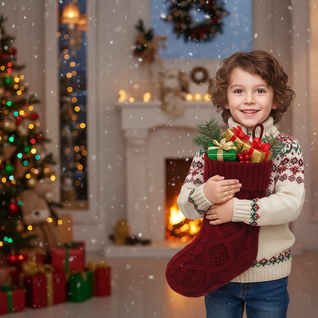 Young Boy Holds Christmas Stocking Full of Gifts