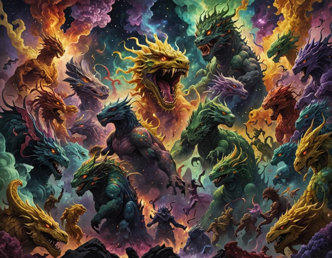 Hyper realism, detail and description- realms of war-Demonic angels fighting divine demons. Hyperrealistic, splash art, concept art, mid sho...