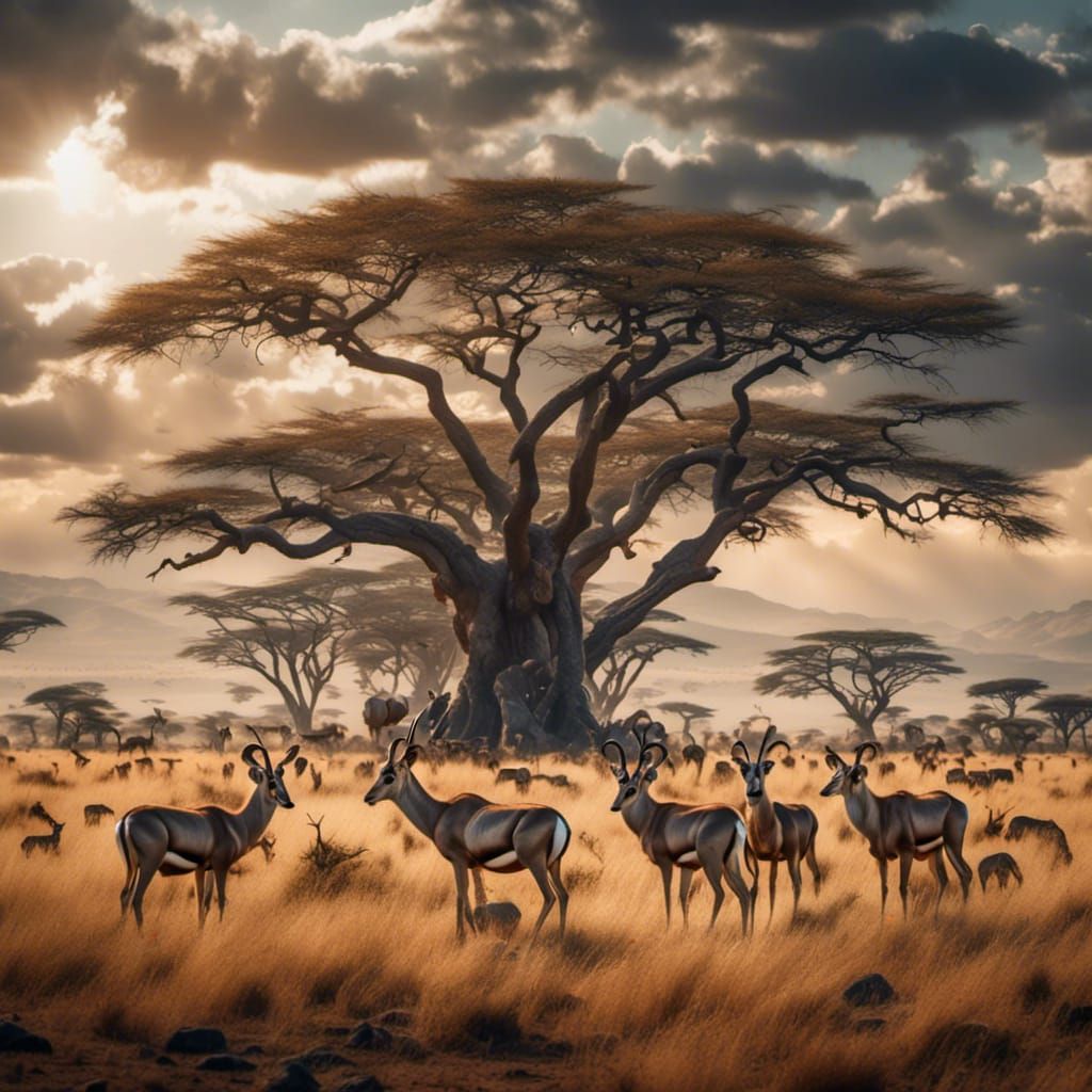 Antelopes in the Serengeti <lora:African motives:1.0> Hyperrealistic, splash art, concept art,  intricately detailed, color depth, dramatic,...