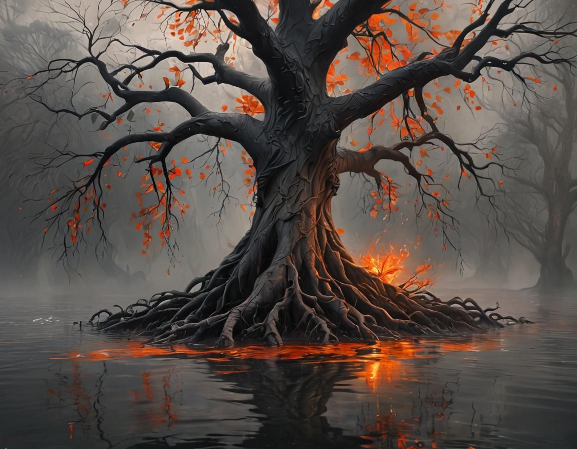 a painting of a tree with orange leaves, a digital painting, fantasy art, amazing, dark oil painting colors, fire and water, breathtaking ma...
