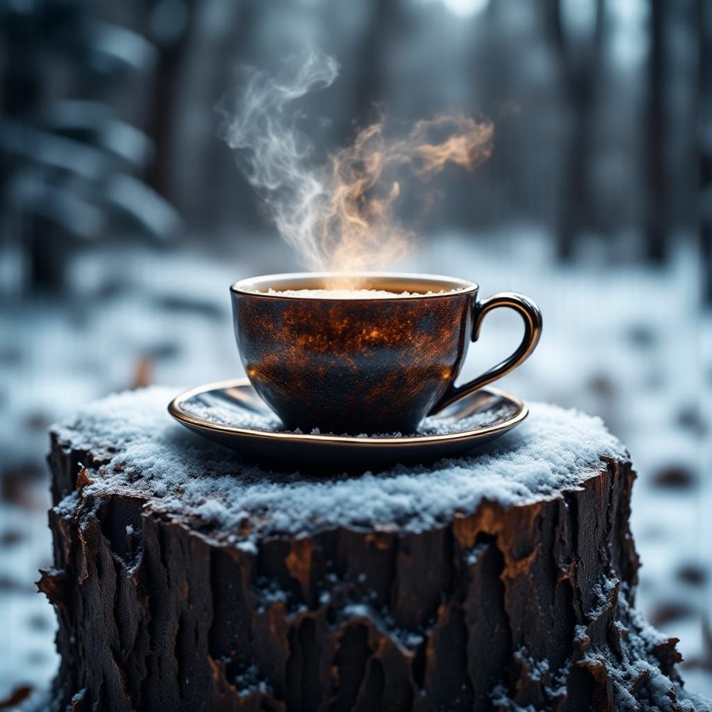extreme close-up of a beautiful, hot cup of coffee sitting on a frozen tree stump in the snow with steam, a m...