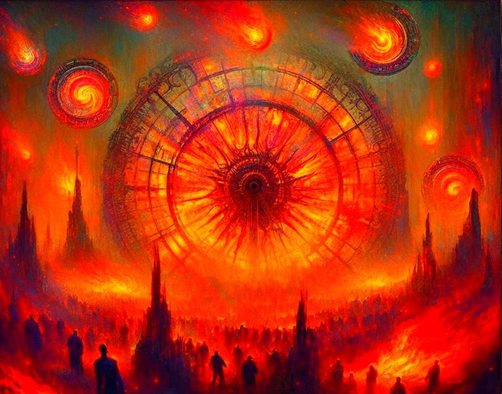 Burn it down, burn it down,
To the ground, to the ground,
In the Inferno Carnival, we are bound, Spinning wheels of fire, dark and profound,...