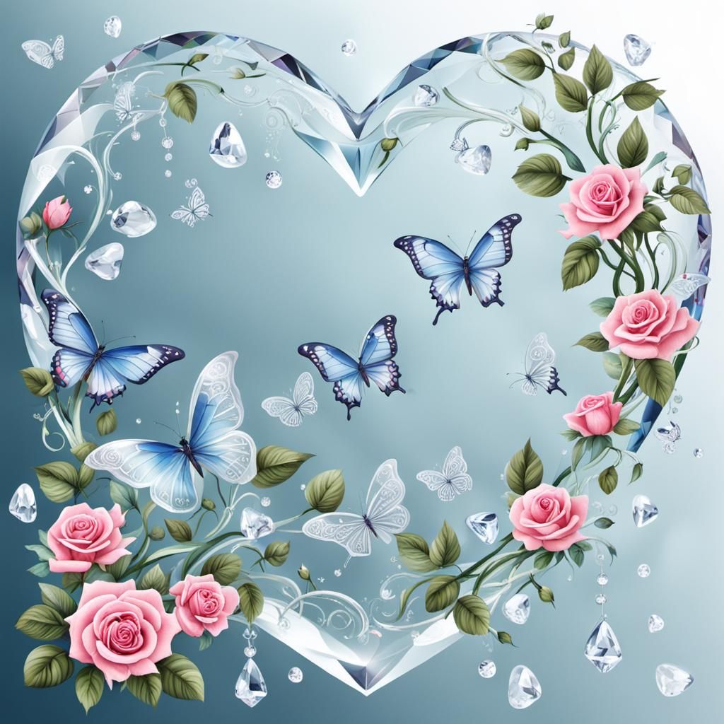 crystal clear heart and roses and butterflies