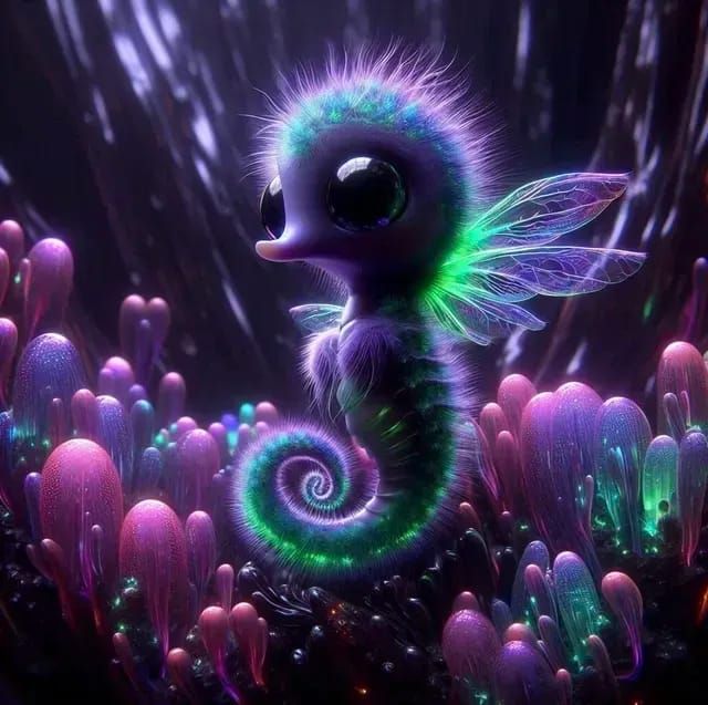 Teeny Tiny Green-Purple Fluffy Seahorse