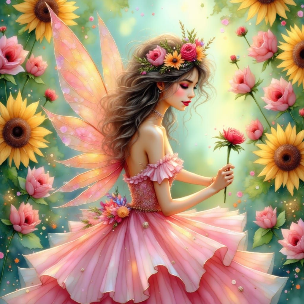 <lora:inks:1.0> Alcohol inks, A delicate, petal-winged fairy with a mischievous grin and sparkling eyes, dressed in a flowing, pastel pink t...