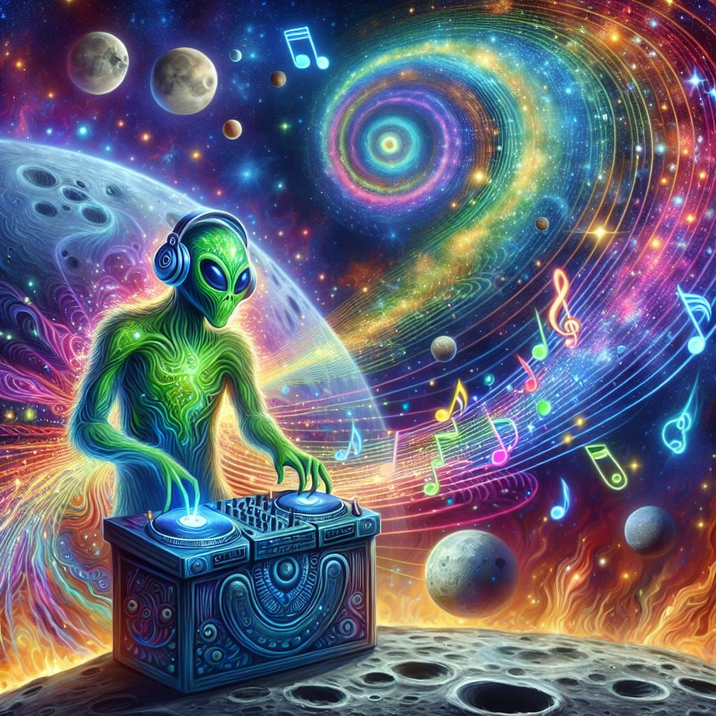 Poison Green Alien Djing on a party, on the Moon Surface, with a sky full of stars and planets and colourfull waves of universal energy. In...