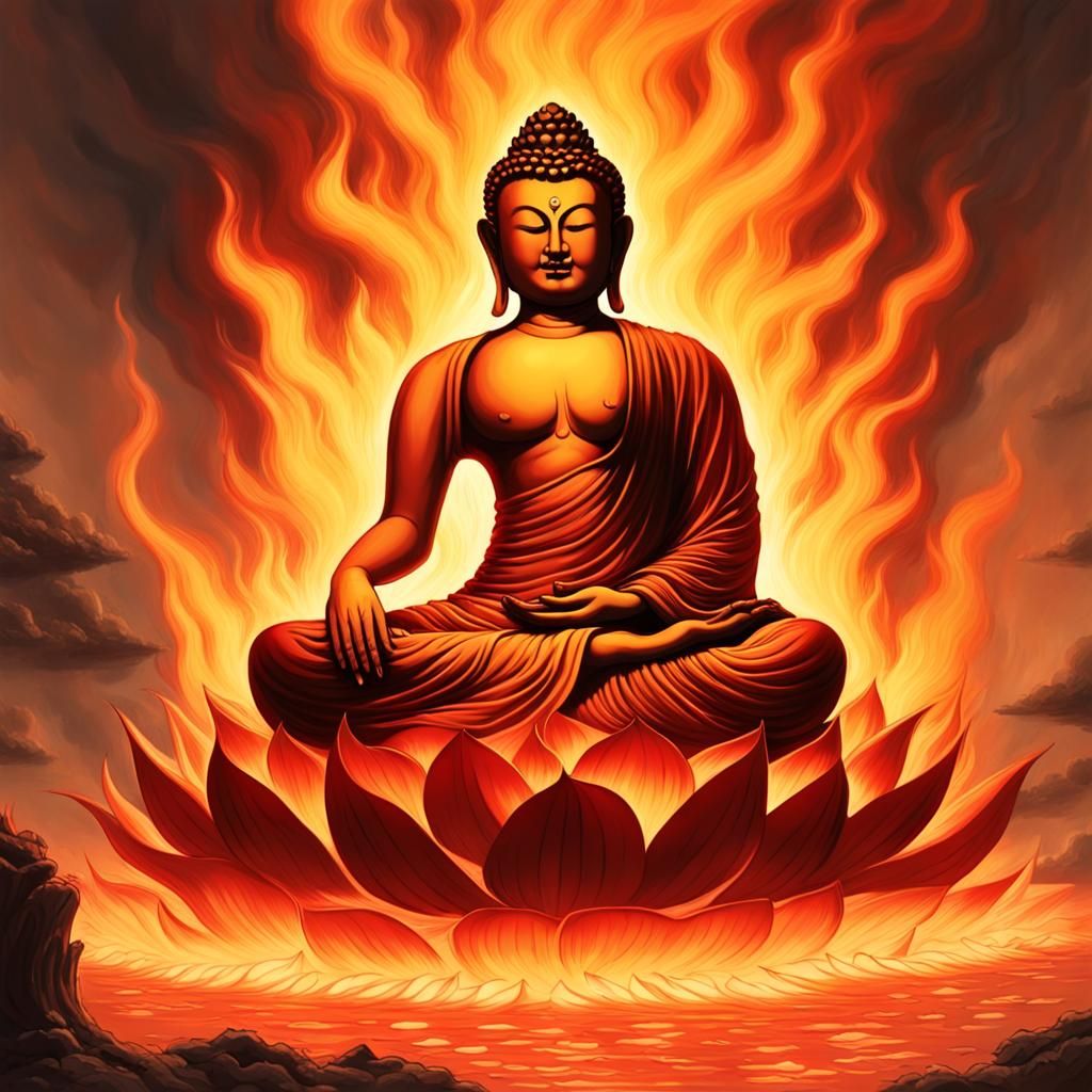 A fire-colored fire engulfed the monster's body and rushed towards it to injure it. The Buddha glows with golden light, ...