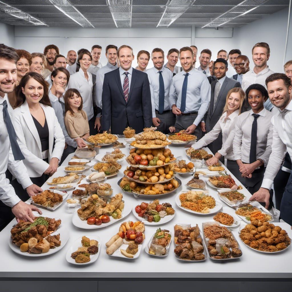 High Manager standing in front of 30 male and female employe...