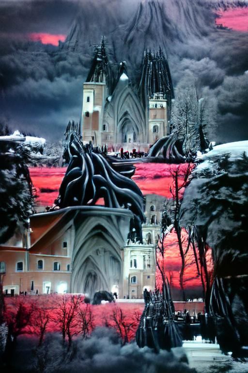 Satanic cathedral being overtaken by black liquid tendrils m...