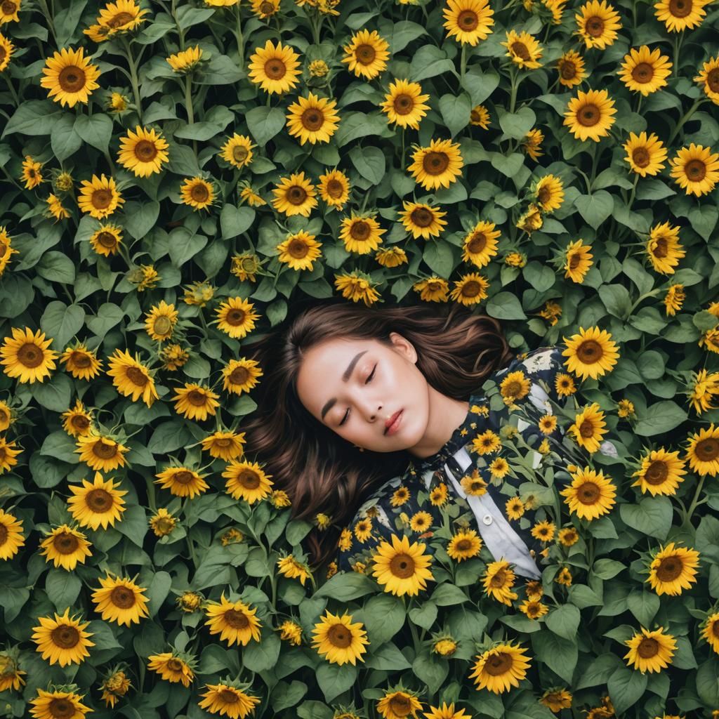 A girl lying down being buried in sunflowers