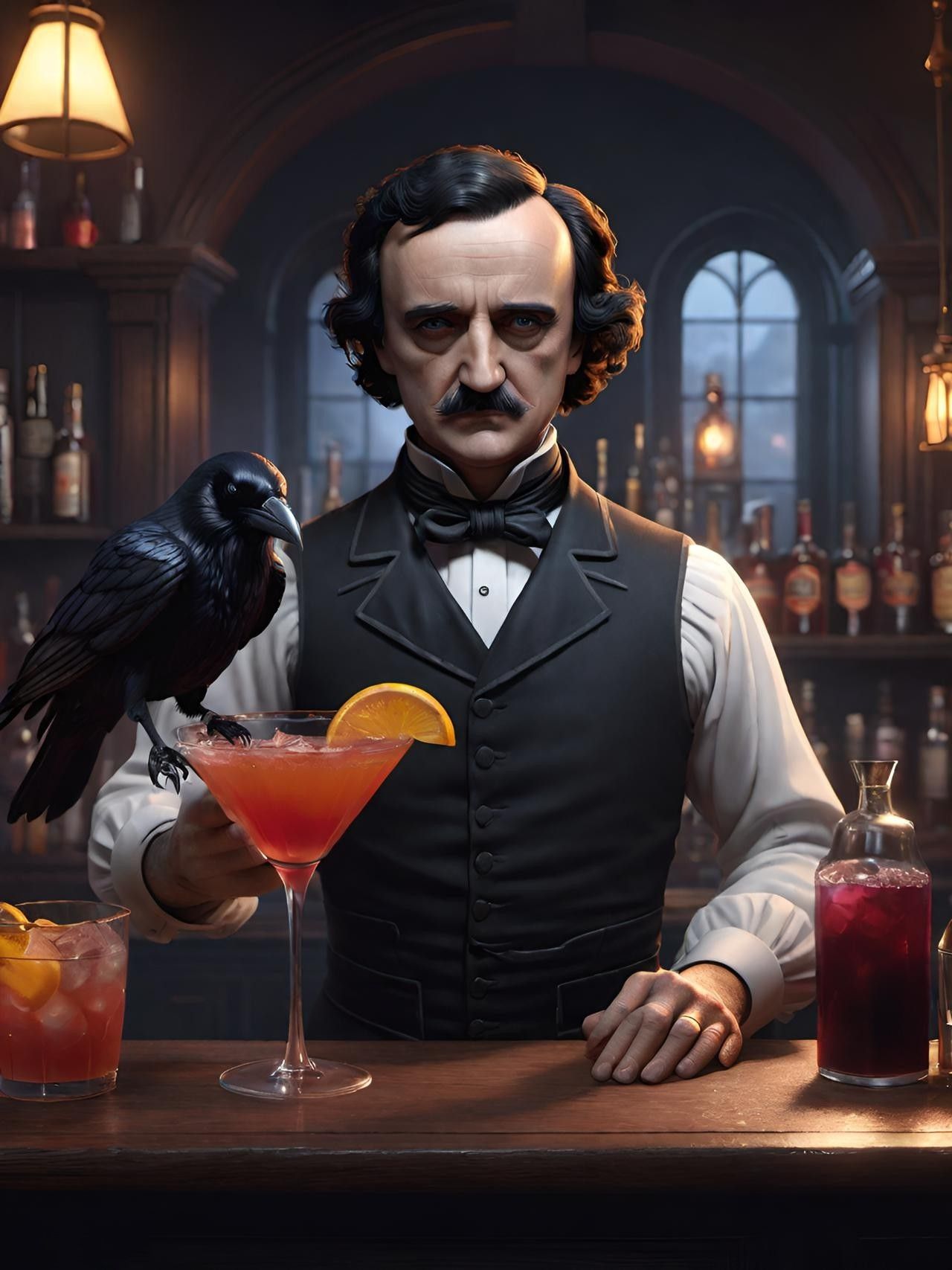 Edgar Allen Poe Serves Cocktail To The Raven