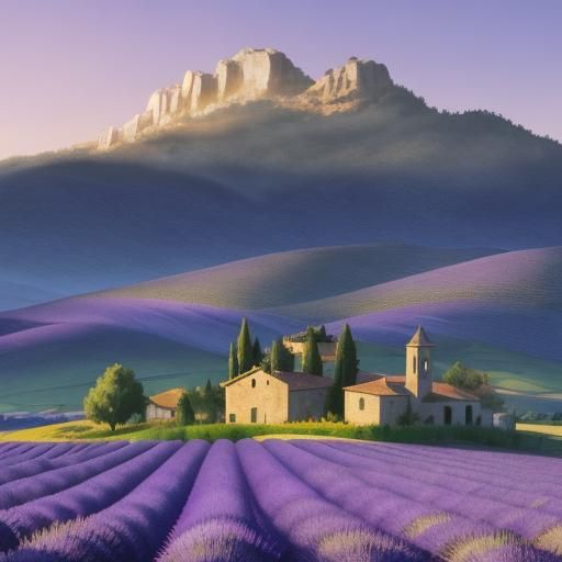 A vast lavender field in Provence, A small village and hills...