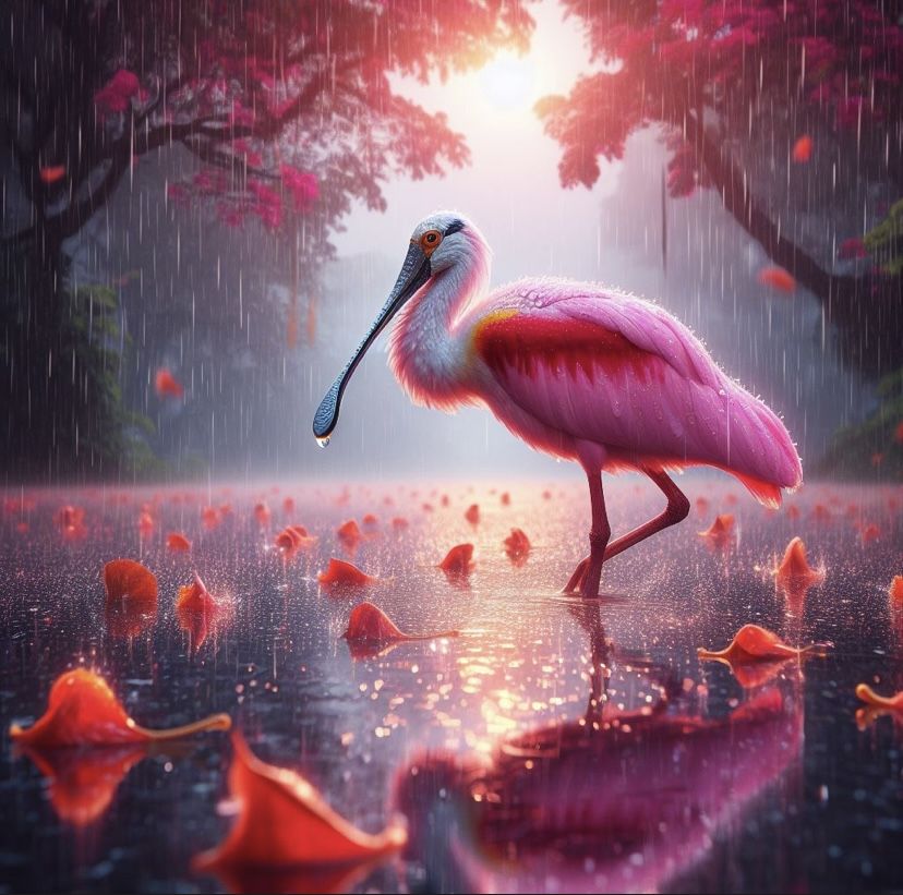 Roseate spoonbill in the rain