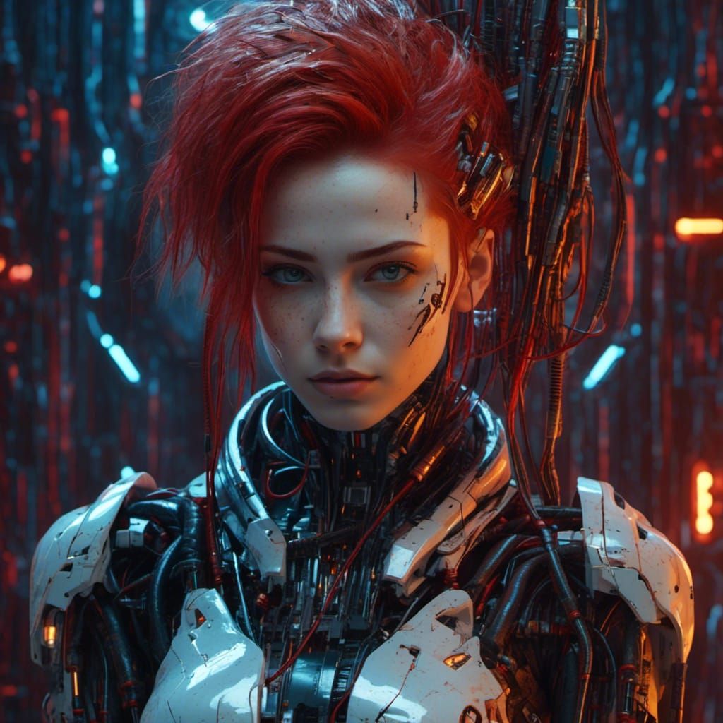 <lora:Cybertek:1.0> Close up headshot only portrait Gorgeous smirking relaxed pin up cyborg girl, bright red wiring hair, cracked porcelain...