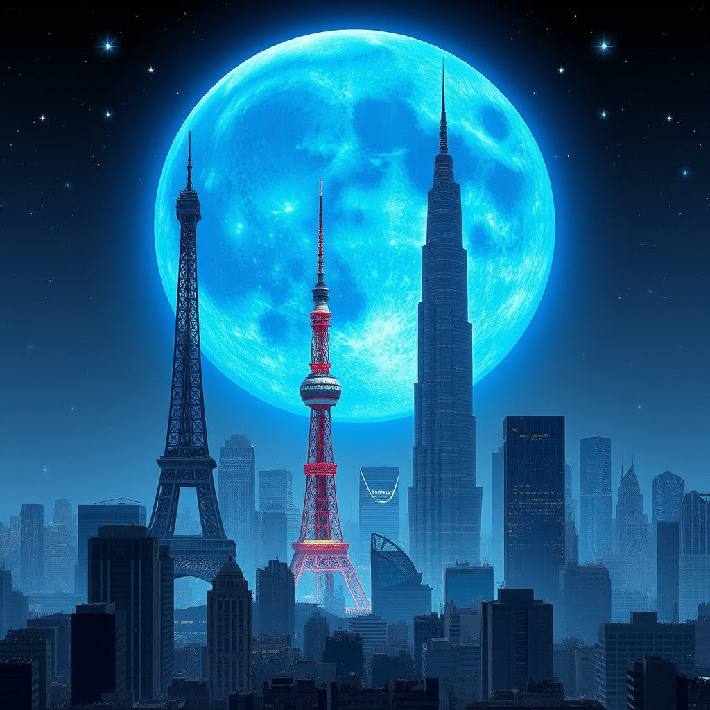 Futuristic Cityscape Under Blue Moon, Inspired by Syd Mead