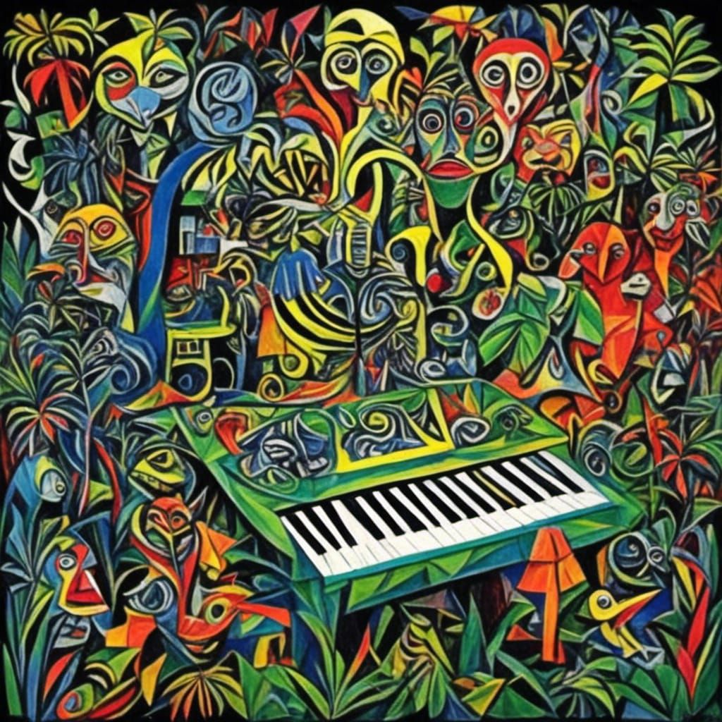 <lora:Jungle Juice:1.0> a computer keyboard where each key is a different creature or plant no letters very cute intricately detailed psyche...