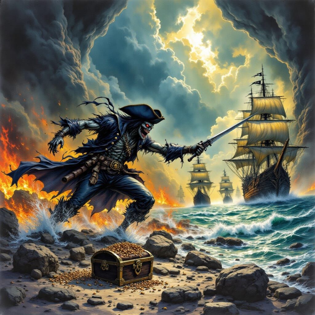 <lora:Davy Jones Locker:1.0> A grainy, high-impact graphic illustration featuring a Todd McFarlane-inspired monstrous, zombified Pirate lock...