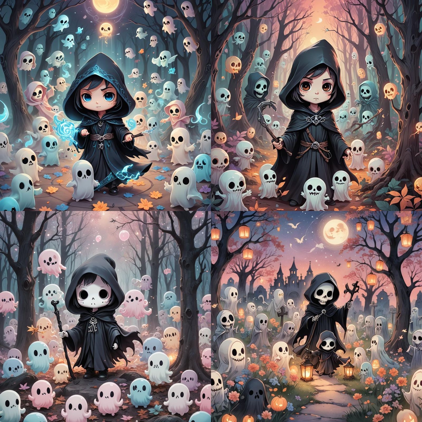 Scar but cute grim reaper leading cute little ghosts. Chibi style. Big eyes.