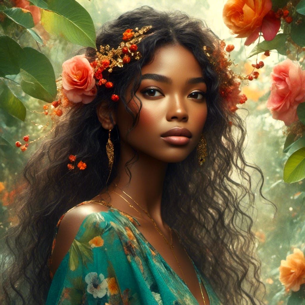 The image depicts a woman <lora:Aura:1.0> adorned with vibrant flowers, creating a striking and ethereal appearance. She holds a large umbre...
