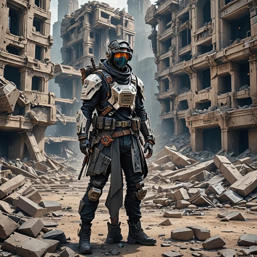 Futuristic Nomad with Customized Gear, Standing Amidst Ruins...