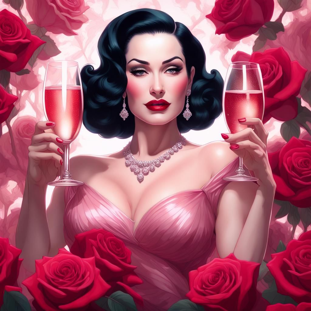 Dita von teese holding a pink champagne glass among red rose...