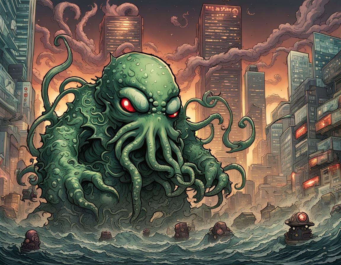 giant chibi Cthulhu destroying Tokyo, masterpiece Mark Brooks and Dan ...