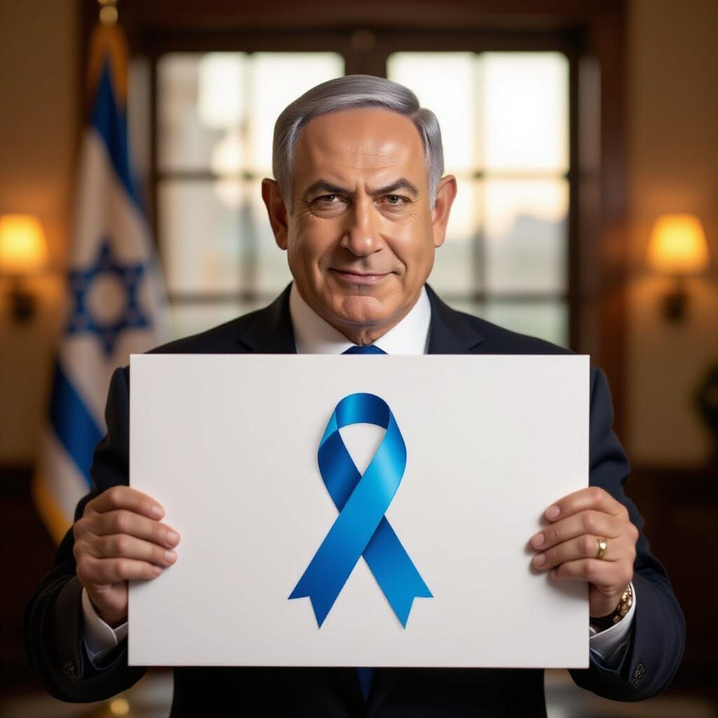Benjamin Netanyahu Holding Ribbon Symbol Sign