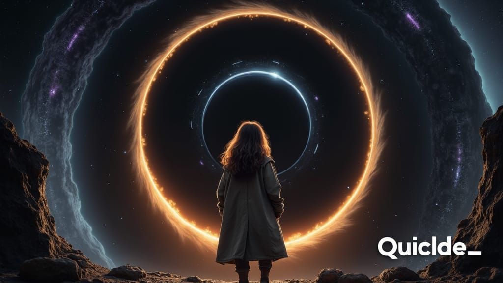 Create video of black hole with few rings of planets and stars? which rouyding around black hole. The girl is looking at that from a death p...