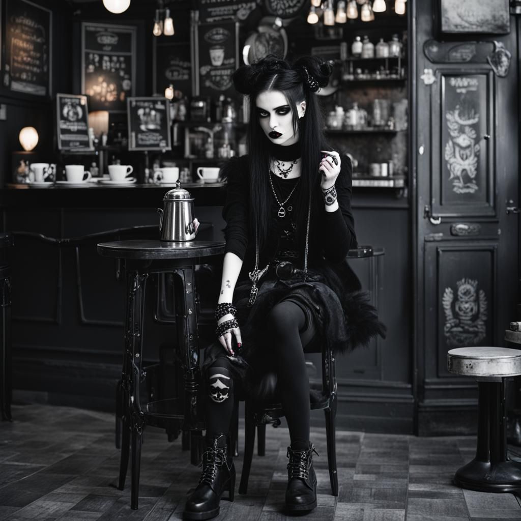 goth fashion model. goth coffee shop
