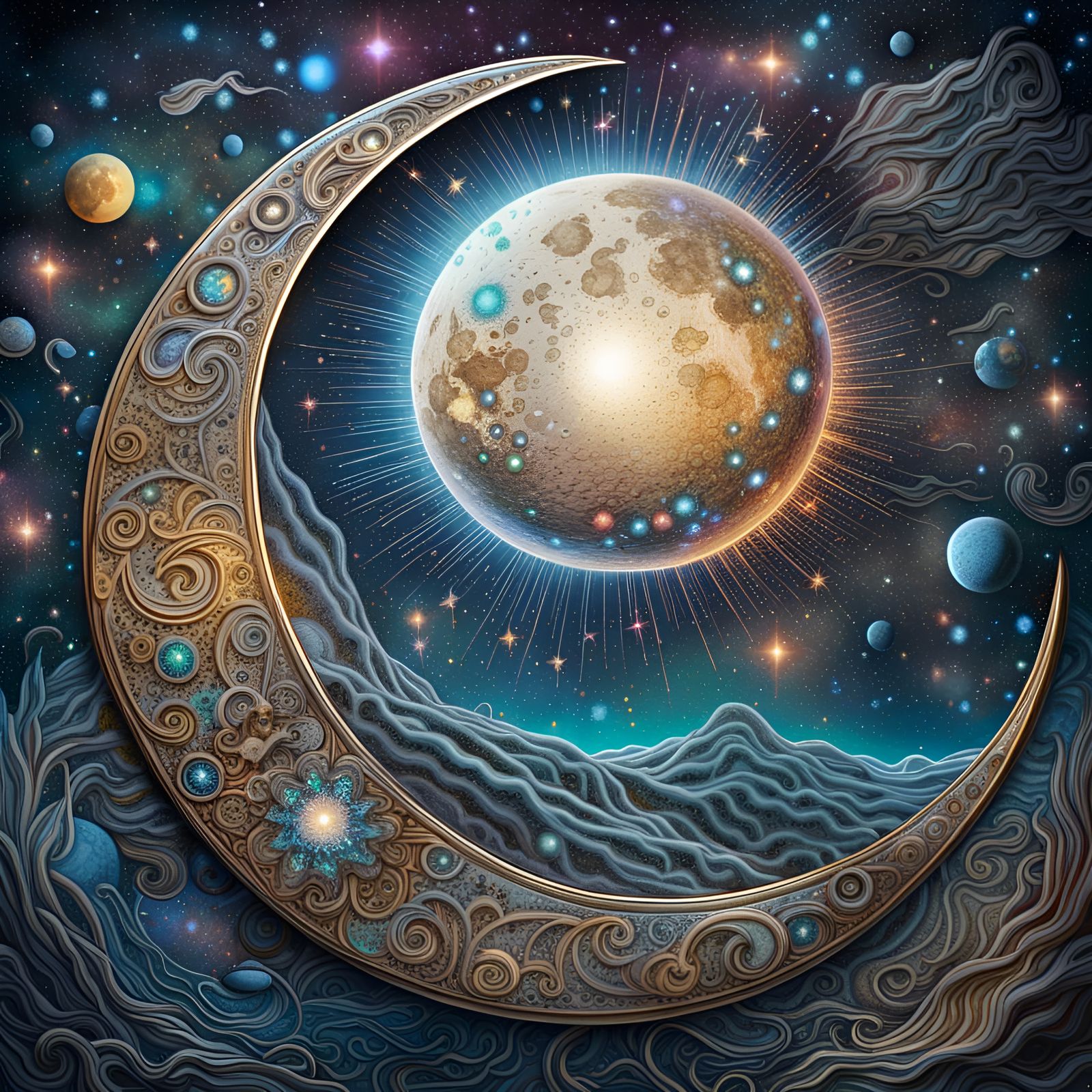 Beautiful moon, cosmic stars, beautiful light rays, hyperrealistic ...