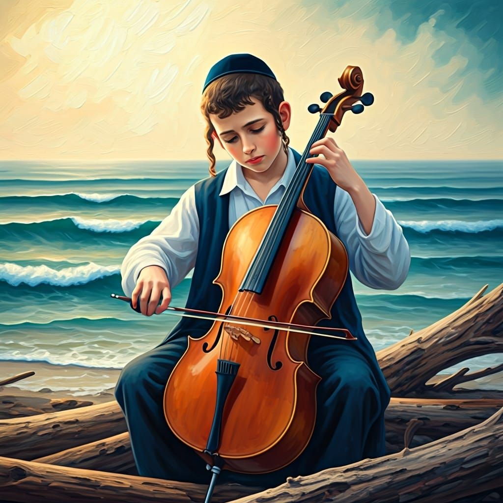 Boy Plays Cello by Sea in Dreamlike Gouache Style