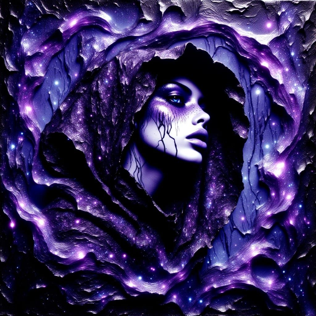 Post-Impressionist oil painting of a cloaked sorceress, thick swirling violets vibrating in luminous impasto. Her piercing gaze radiates thr...