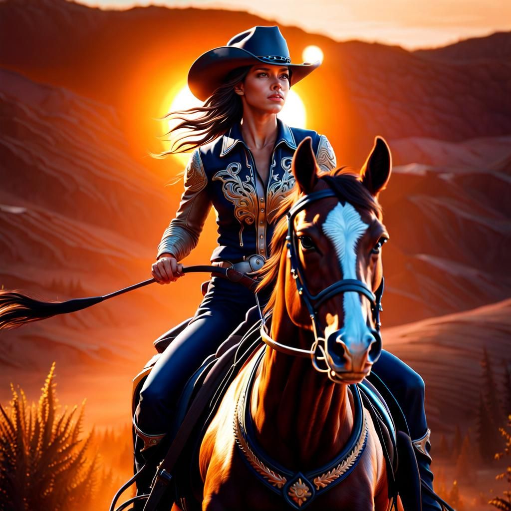 Beautiful Cowgirl riding a horse,8k resolution concept art portrait,  hyperdetailed intricately detailed, Unreal Engine 5 volumetric lighting...  - AI Generated Artwork - NightCafe Creator