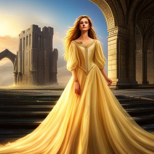 A  princess with long wavy hair in a ballgown