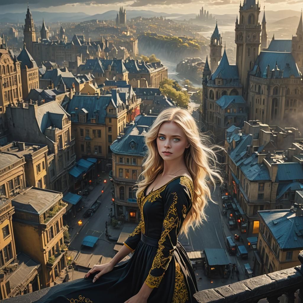 Beautiful morning with background city and a beautiful blond...