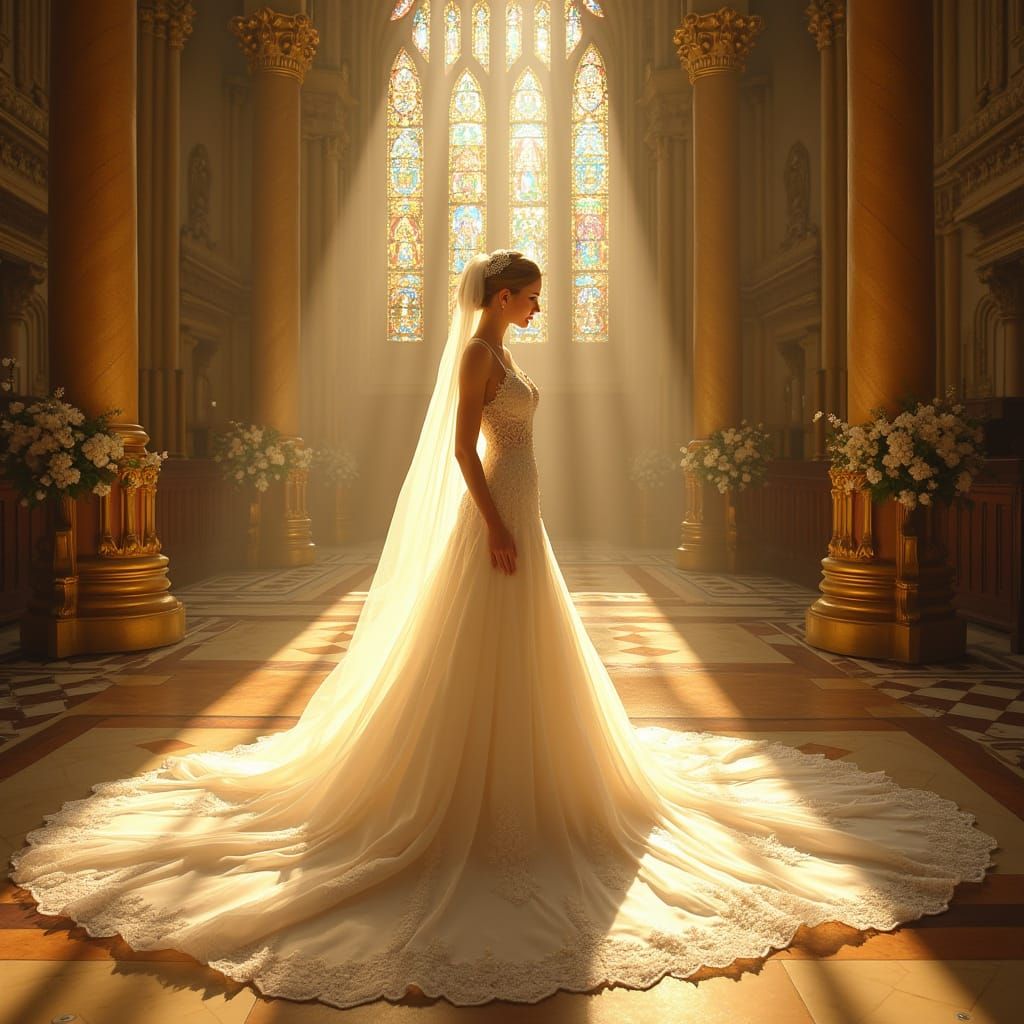 A breathtakingly beautiful bride in an elegant wedding gown with intricate lace details and a long, flowing veil. She stands in a grand, gol...