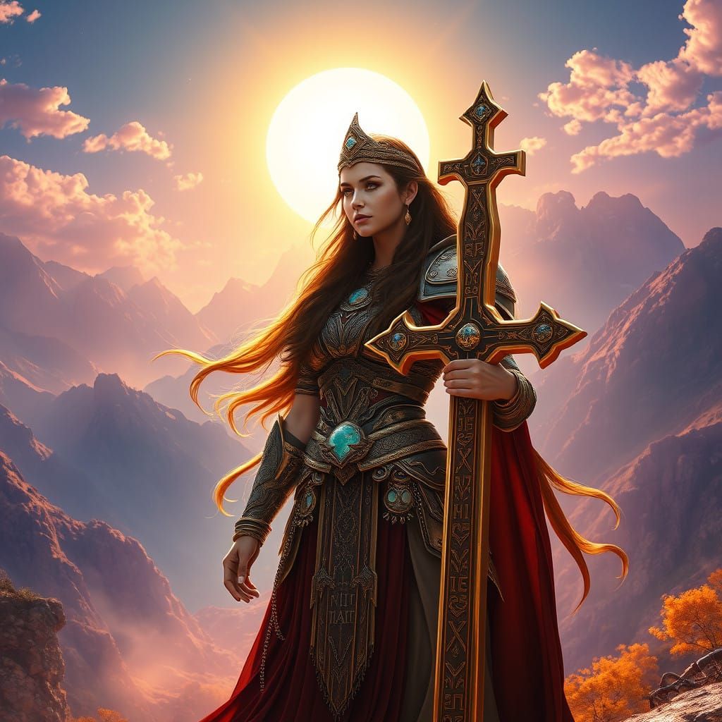 Goddess Amidst Amethyst Mountains in Golden Light