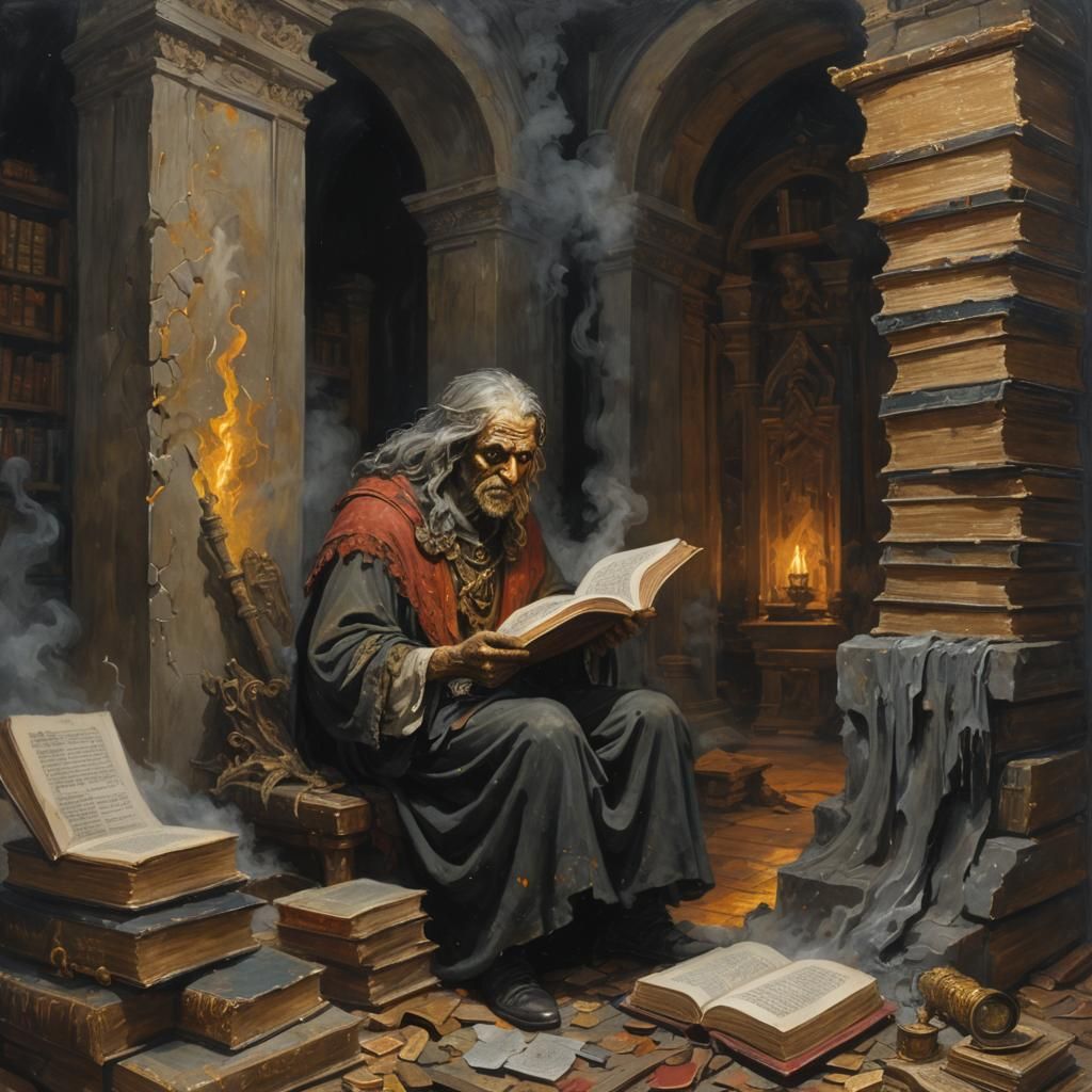 Baba Yaga devouring books with Othello in the Library of Alexandria. in