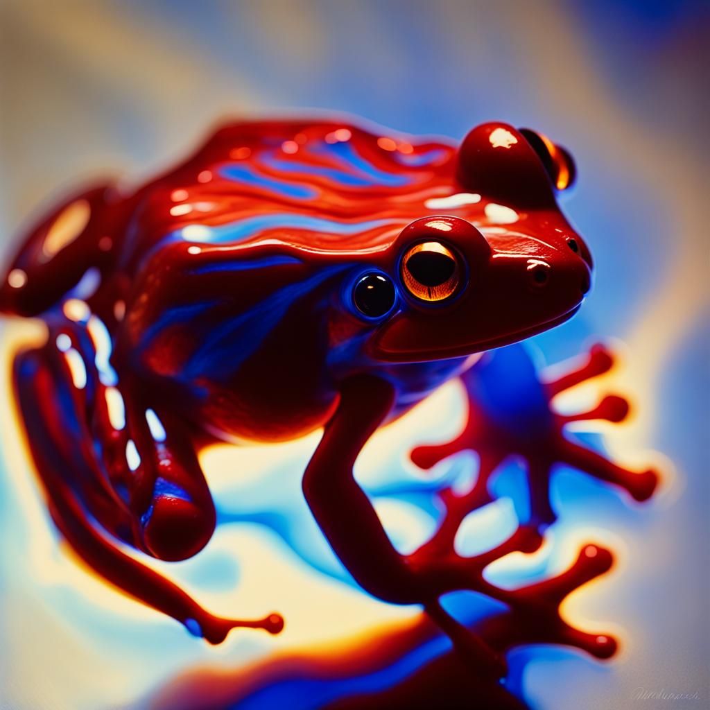 a picture of frog in the style of light crimson and blue, et...