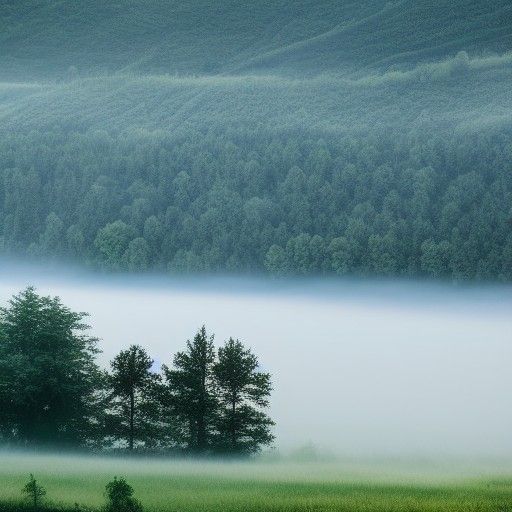 a mist rises above a river valley, trees and fields