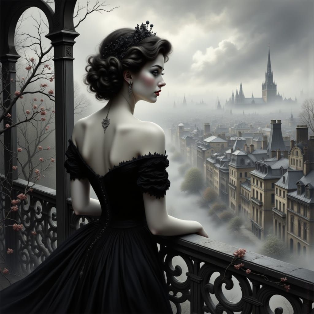 Elegant Woman on Balcony Overlooking Misty City
