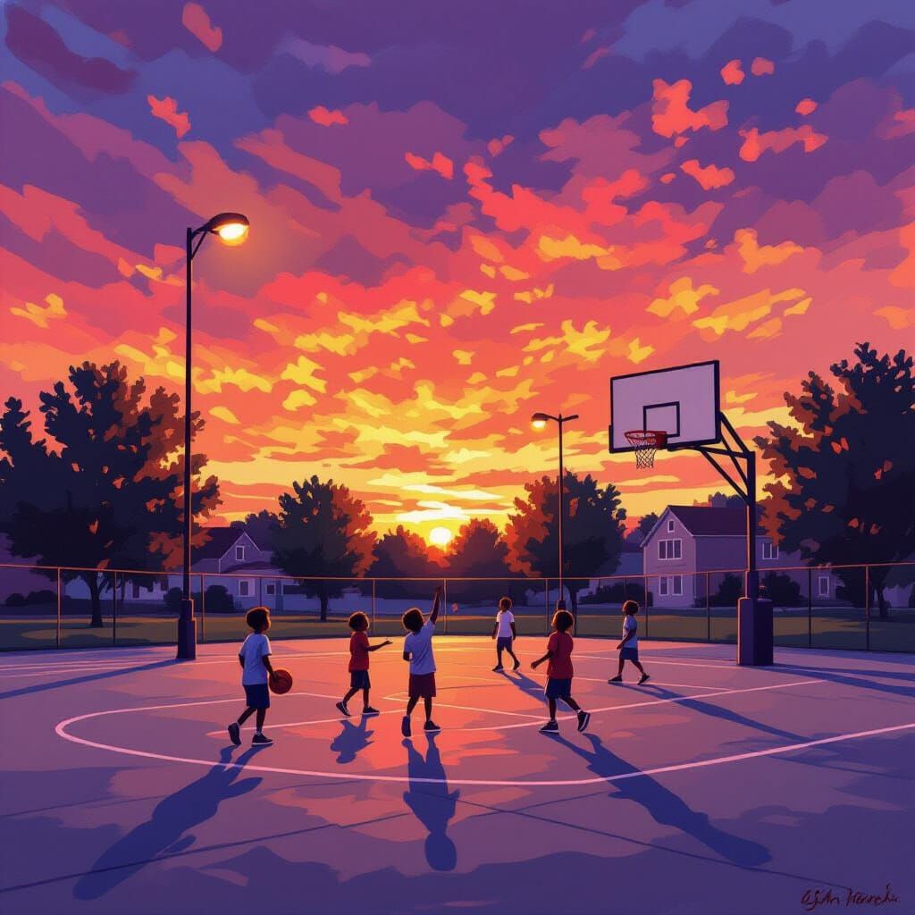 A neighborhood basketball court at sunset, with kids playing under street lights. The sky is ablaze with ...  by @VictoriouslyOther