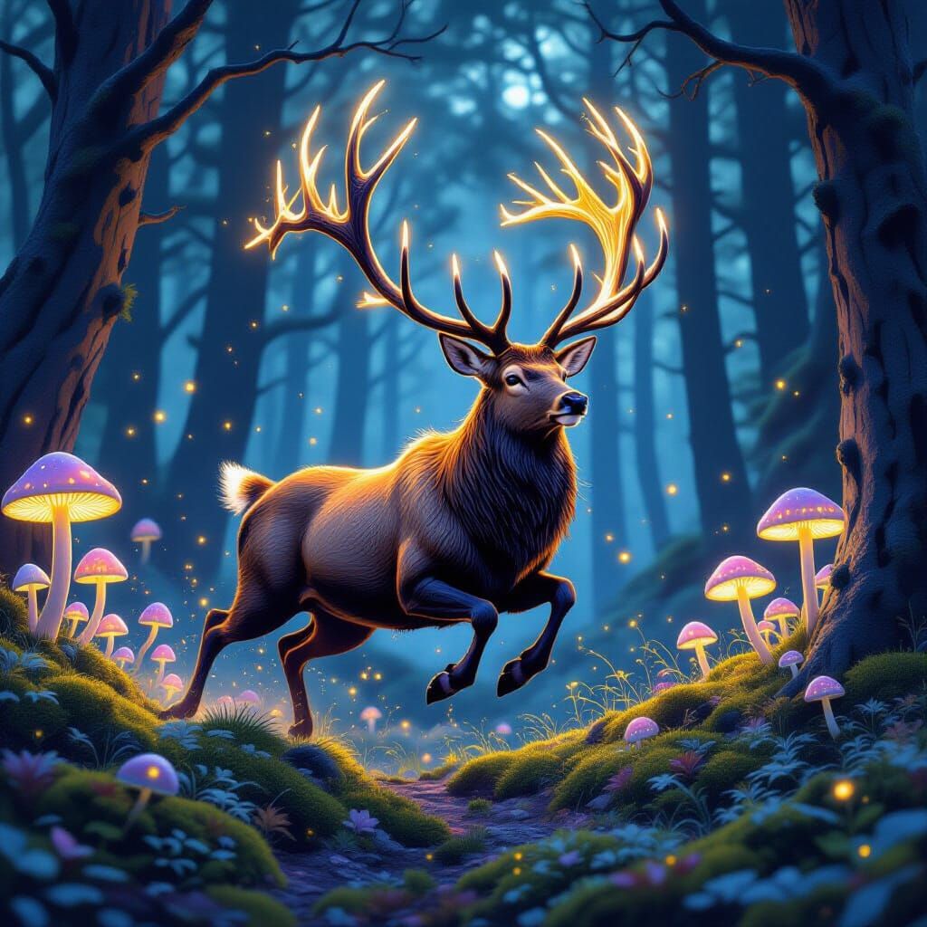 A whimsical forest inhabited by glowing, bioluminescent mushrooms, with a majestic stag with antlers made of pure light 
