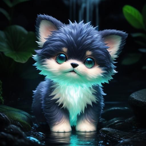 adorable cute chibi baby furry Puppy with a bioluminescent Waterfall in ...