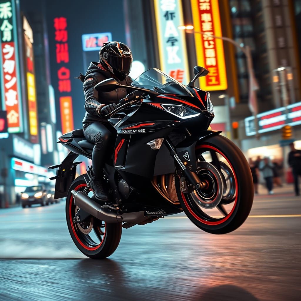 A hyperrealistic photo rendering of a sleek, Kawasaki Ninja 650 motorcycle ,painted in black and red ,riden by a young female in full racind...